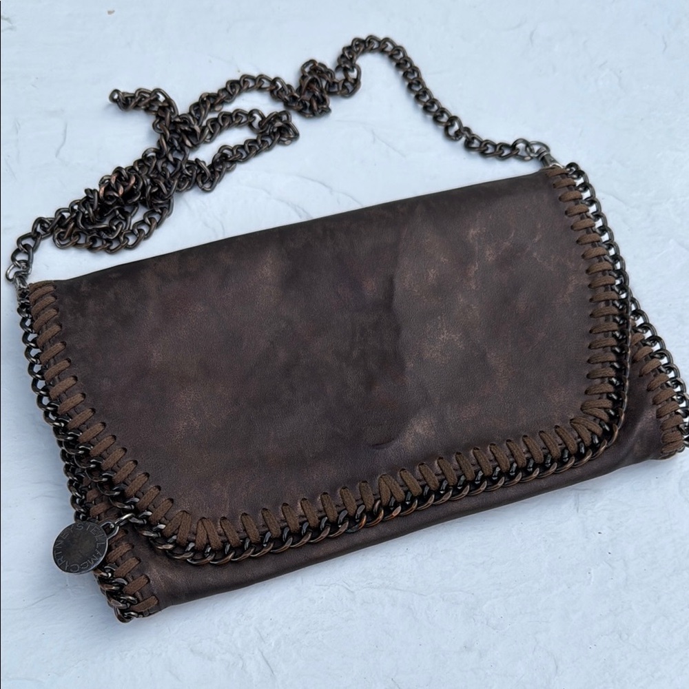 Stella McCartney Brown Vegan Crossbody Bag with metallic sheen.